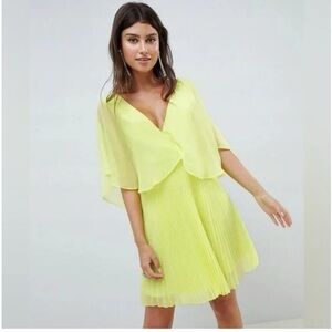 NWT ASOS Design Flutter Sleeve Midi Dress Pleated Neon Yellow 6 Fairy Hoco Sheer